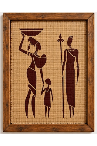 Dekorske Bohem Jüt Kumaş Duvar Tablosu - El Yapımı Afrika Siluet Figürlü Etnik Hasır Poster