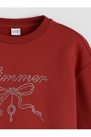 LC Waikiki Lcw Kids Kırmızı Bisiklet Yaka Taşlı Kız Çocuk Kalın Sweatshirt Red