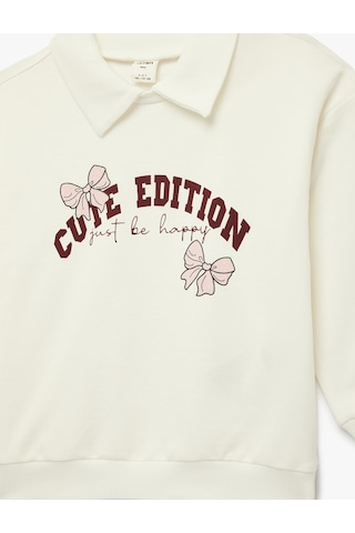 Koton Pamuklu Fiyonk Baskılı Şardonlu Uzun Kollu Polo Yaka Sweatshirt Ekru 6smg10063ak Ekru