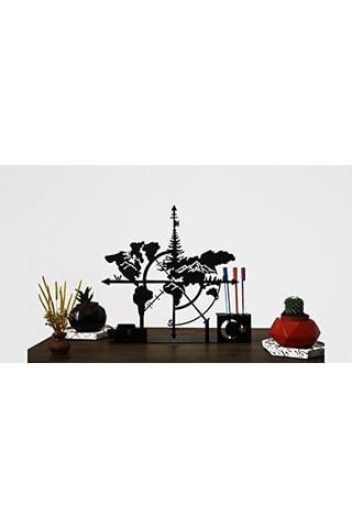 Risingmaber Dekoratif Metal Siyah Pusula Dünya Haritası Biblo Kart Ve Kalemlikli 33x36 Standart