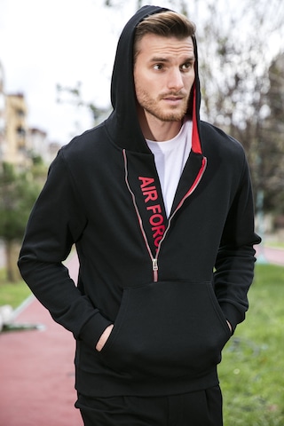 Buratti Kanguru Cepli Fermuarlı Kapüşon Yaka Slim Fit Erkek Sweat 575707 Siyah-Kırmızı