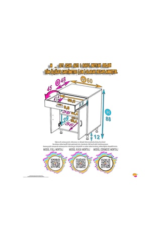 Eliusta Nehir 60 Cm Mutfak Dolabı Çok Amaçlı Ankastre Set Ocak Dolabı 60x88x48 Cm Raflı 2 Bölmeli Dolap Beyaz