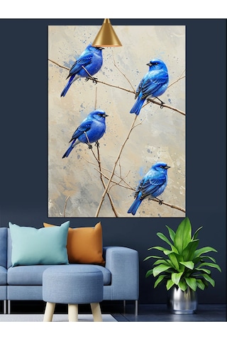 Mavi Tüylü Uçan Üç Kuş Dekoratif Kanvas - Mdf Ahşap Tablo