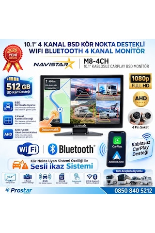 10.1 İnç Dokunmatik 4 Kanal Kayıtlı Kablosuz Carplay Wifi Kör Nokta Uyarılı Araç Monitörü 512 Gb Destekli