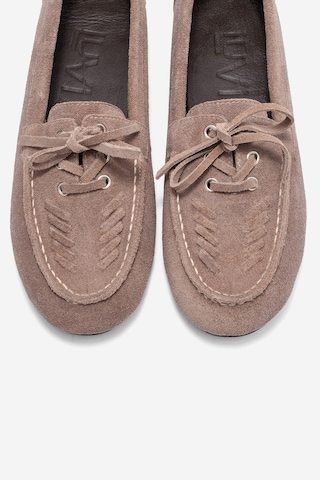 Lorven Vizon Süet Hakiki Deri Bağcıklı Kadın Loafer Ayakkabı Vizon