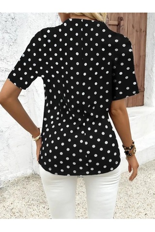 Modasize Kadın Kısa Kollu Yakadan Fermuarlı Puantiyeli Uzun Dokuma Viskon Bluz Siyah