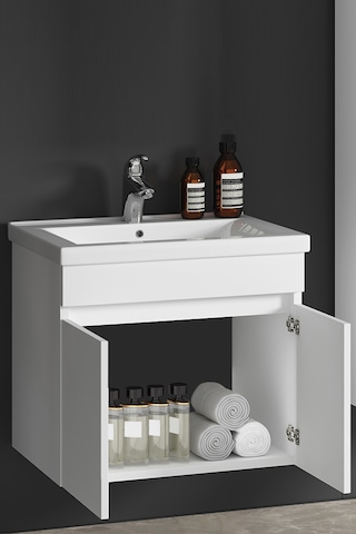 Çiğdem 55 Cm Beyaz Balon Mdf Seramik Lavabolu Asma Banyo Alt Dolabı Beyaz