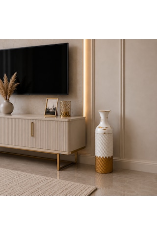 3'lü Seramik Görünümlü Metal Dekoratif Vazo Seti Beyaz Gold Eskitme Salon Ve Antre Dekoru Beyaz - Gold
