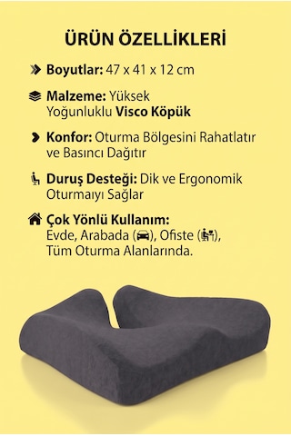 Yeni Nesil Coccyx Minder Kuyruk Sokumu İçin Yüksek Yoğunluklu Visco Posture Oturma Minderi 47x41x12 Cm Dvm-22s Füme