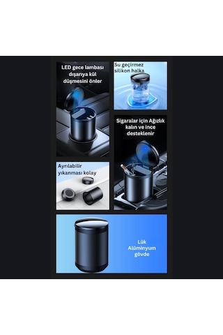 Polham Premium Led Işıklı Kapaklı Araç İçi Küllük, Yıkanabilir, Koku Önleyici Sigara Tutuculu Küllük