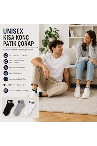 Çorap Giyim Unisex Çizgili Kısa Konç Patik Çorap 12 Çift, %85 Pamuklu Geri Dönüştürülmüş İplik, Parfümlü İnce Dikişli, Siyah Beyaz Gri Günlük Spor Çorabı Çok Renkli