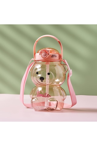 1000Ml Çocuk Taşınabilir Taşıma Su Şişesi Online Ünlü Büyük Kapasiteli Karikatür Oyuncak Ayı Plastik Su Bardağı Saman-1000Ml Pembe