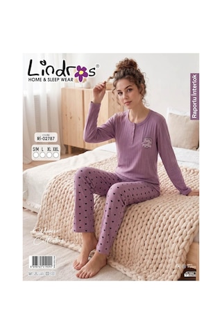 Boyraz Lindros Kadın Düğme Yaka Raporlu İnterlok Kışlık Pijama Takımı 02787 - 1 Adet Mor
