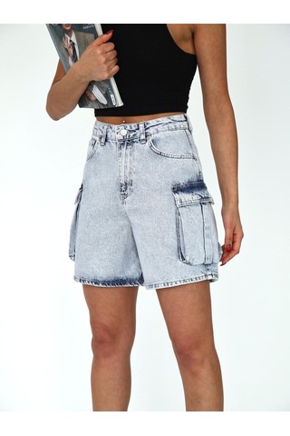 Kargo Cep ve Pens Detaylı Denim Şort Mavi+buz