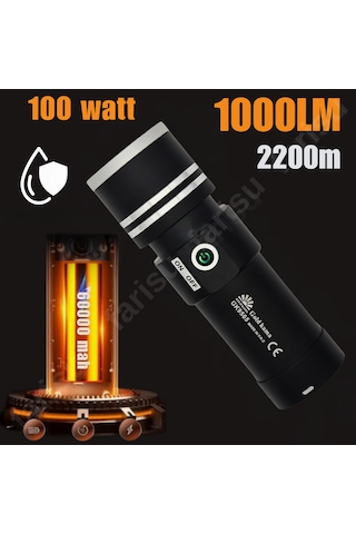 Gold Ultra Güçlü 100 Watt Full Metal Tasarım El Feneri Siyah