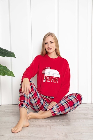 Aydoğan Kadın Pijama Takımı Baskılı Kadife Uzun Kol Kışlık Kırmızı