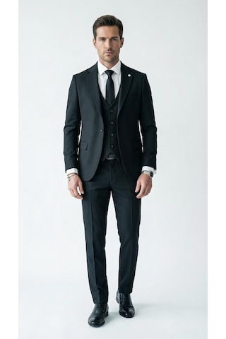 Erkek Klasik Slim Fit Armürlü Kumaş Tek Düğmeli Çift Yırtmaçlı Klasik Yaka Takım Elbise 7 Drop Siyah