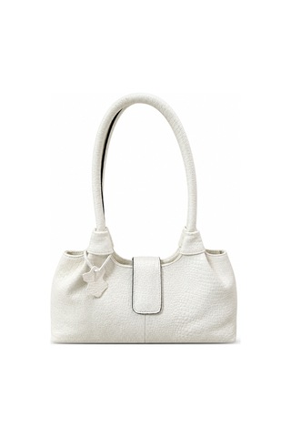 Levano Leather Kadın Beyaz Premium Hakiki Dana Derisi Krokodil Desenli Omuz Çantası Fermuarlı Şık Günlük Baget El Çantası 30x15 Cm Beyaz