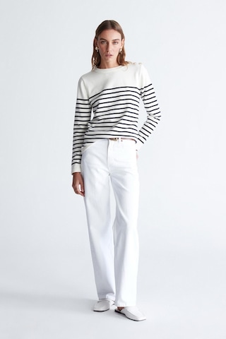 Styleboom X Peraluna Audrey Pullover Omzu Düğmeli Çizgili Organik Pamuk Mevsimlik Kadın Triko Kazak Ekru/lacivert-ekru Ekru