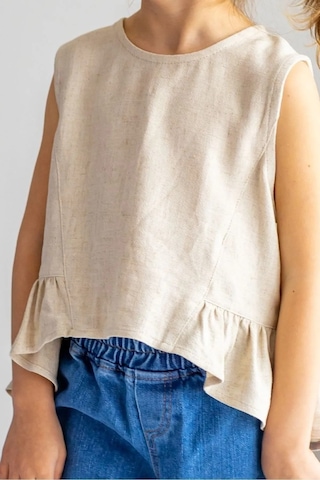 Oliventhekid Bej Naturel Keten Kolsuz Uçları Fırfırlı Kız Çocuk Bluz Bej Bej