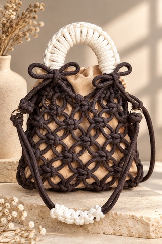 Pawknot Latte Knot Mini Makrome Çanta Kahverengi/bej İçi Keseli Kahverengi - Bej