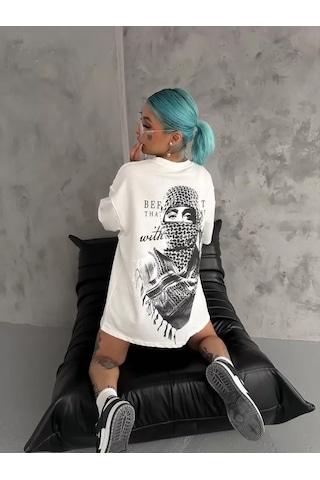 Modi Unisex Baskılı Oversize T-shirt - Beyaz - Mymg98301