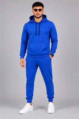 Butik İstanbul Erkek İki İplik Kapüşonlu Kanguru Cepli Sweatshirt Jogger Pantolon Alt Üst Eşofman Takımı -saks Mavisi