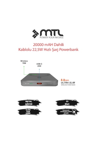 5000 Mah 15w + 20w Metal Ultra İnce Led Göstergeli 35w Turbo Şarj Magsafe Powerbank Mt4620 Çok Renkli