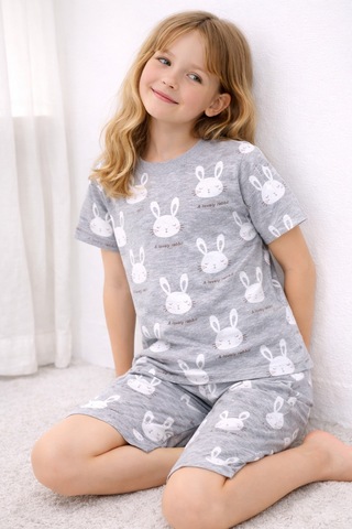 Beka Kids Kız Çocuk Kısa Kollu Ve Şortlu Bisiklet Yaka Rahat Desenli Pijama Takımı Alt-üst Takım Gri