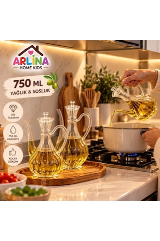 2'li 750 Ml Çizgili İbrik Model Cam Yağlık Seti-akasya Standlı