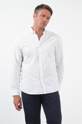 İmza Beyaz-mavi Yumuşak Yaka Uzun Kol Slim Fit Pamuklu Gömlek 1004260259 Beyaz - Mavi
