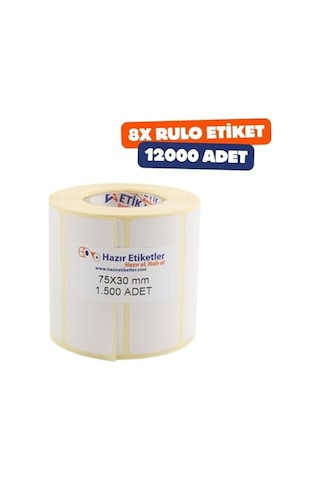 Eko Termal Rulo Etiket, 75mm X 30mm 12000 Adet 8 Rulo 40mm Kuka Çapı Barkod Yazıcılar İle Uyumludur, Ribon Kullanmad 1