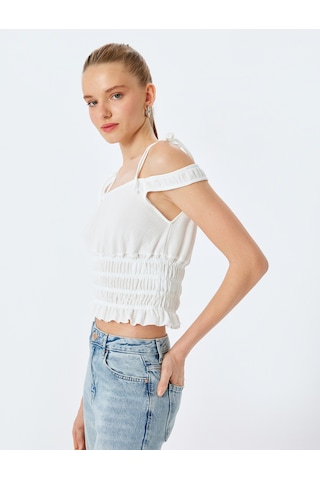 Koton Gipeli Askılı Crop Slim Fit Tişört Ekru 5sal10061ık Ekru