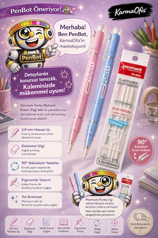 Pastel Mavi Ve Pembe Purity Mekanik Kalem Silgi Seti 3.8 Mm 2 Adet Silgi Kalemi+3 Lü Silgi Yedeği