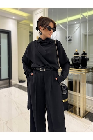 Efnaz Style Kadın Uzun Kollu Şal Detaylı Bluz Ve Pantolon Ikili Takım Kemer Dahil Değil Siyah