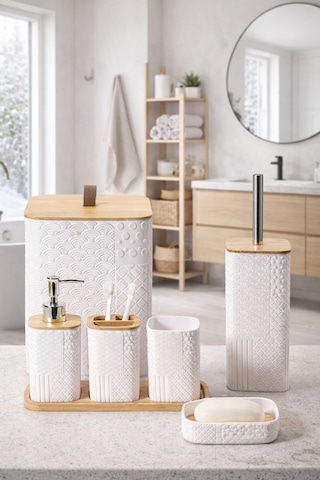 Makri Home Desenli 7 Parça Bambu Kapaklı Ve Aksesuarlı Banyo Seti Çok Renkli