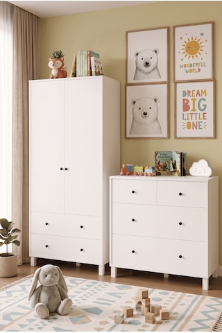 Robin Home Lena Bebek Çocuk Odası Takımı Geniş Şifonyer 4 Çekmeceli + Gardrop Gardırop Elbise Dolabı Beyaz