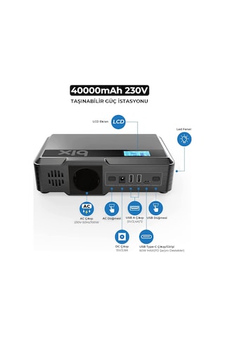 Bix 40000mAh 230V 100W İnverter Powerbank 2*USB 1*Type-C PD Çıkışlı LED Işıklı Şarj İstasyonu