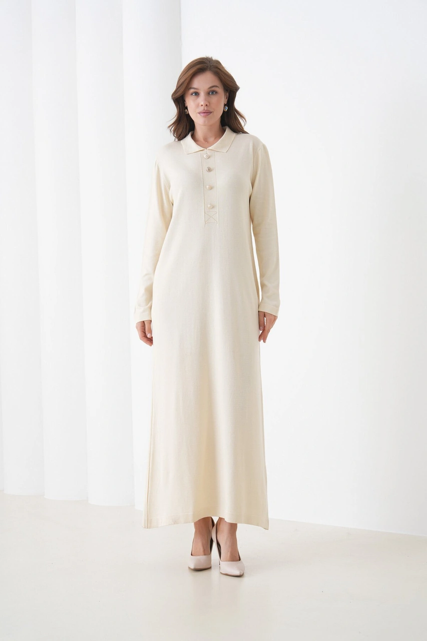 Kadın Uzun Kol Gömlek Yaka Triko Önden Düğmeli Triko Spor Şık Elbise Bej