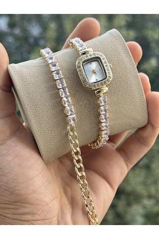 Qulothes Special Zirkon Baget Taş Bileğe Sarmalı Kadın Kol Saati Beyaz