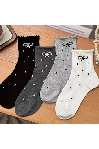 Trampler 4 Çift Kadın Kurdela Puantiye Desenli Çorap Kadın Kolej Çorap Çok Renkli