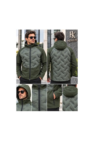 Hk Premium Erkek Parmak Baskı Kapitone %100 Polyester Hibrit Softshell Kapüşonlu Şişme Mont Haki