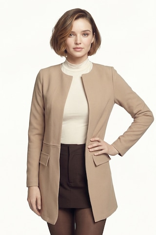 Armonika Kadın Bej Beli Dikişli Uzun Ceket Arm-26k001017