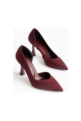 Büyük Beden Kadın İnce Topuklu Stiletto Bordo Parlak Saten Yan Açık-4669 Bordo