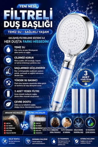 Yeni Nesil 5 Fonksiyonlu Filtreli Duş Başlığı Yüksek Basınç & Su Tasarruflu Geniş Başlık Çok Renkli
