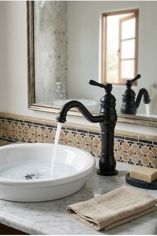 Çanak Rustik Lavabo Bataryası Siyah Uzun Siyah