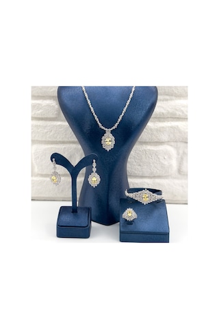 Pırlanta Montür Sitrin Taşlı 4'lü Gümüş Set Takım Gümüş