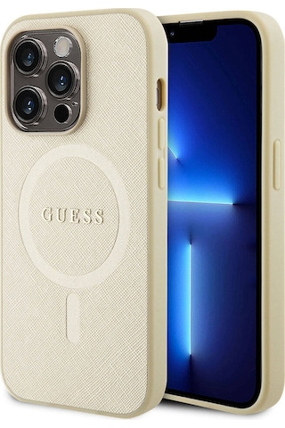 Apple Uyumlu iPhone 15 Pro Kılıf Guess Lisanslı Magsafe Şarj Özellikli Yazı Logolu Saffiano Siyah