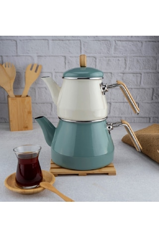 Bambum Lumino Bambu Kulplu Emaye Çaydanlık Takımı Yeşil B6084 Yeşil