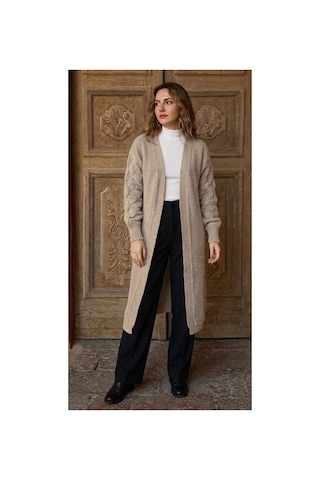 Onno Style Women Damla Kol Desen Kadın Triko Uzun Hırka Bej
